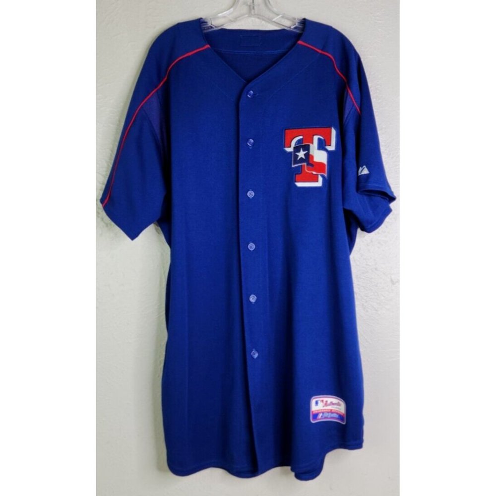 Vtg Texas Rangers Majestic Button Up Jersey Sz 48  Blue performance apparel